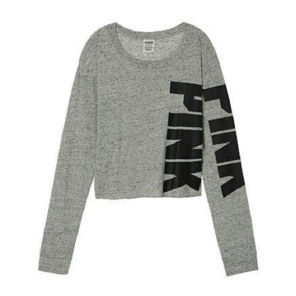 PINK Victoria’s Secret Boyfriend Crop Logo Heather Grey Long Sleeve Tee - Picture 1 of 7